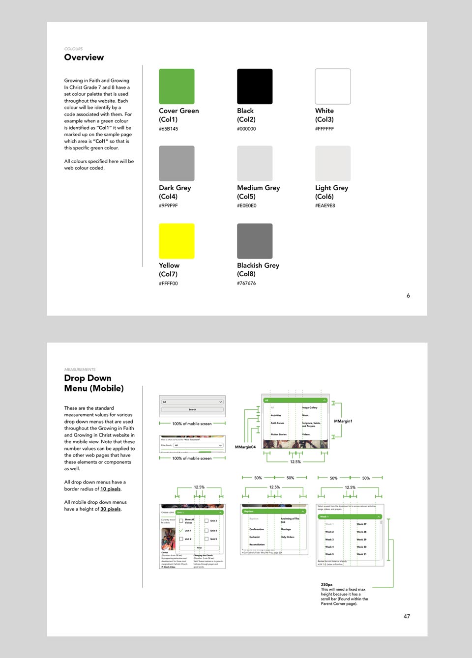 A PDF design documentation showcasing the colour palette and a drop down menu for mobile views
