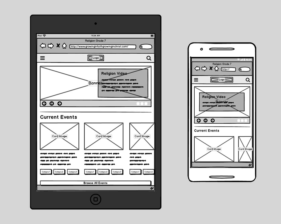 Religion website homepage low fidelity wireframes on tablet and mobile