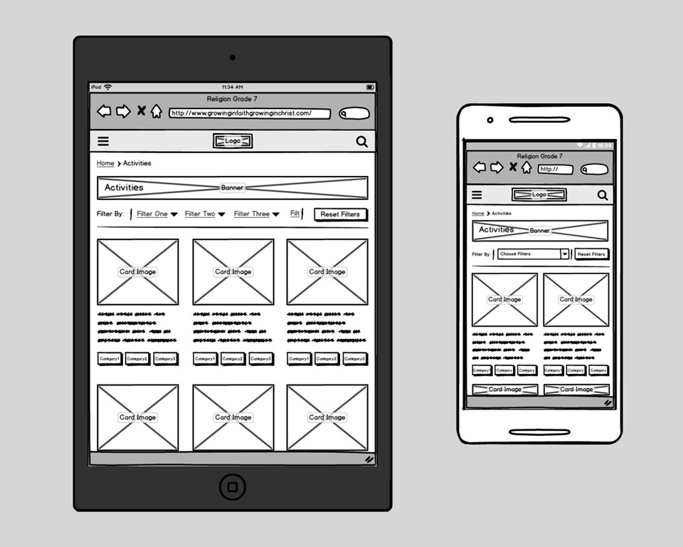 Religion website activity page low fidelity wireframes on tablet and mobile